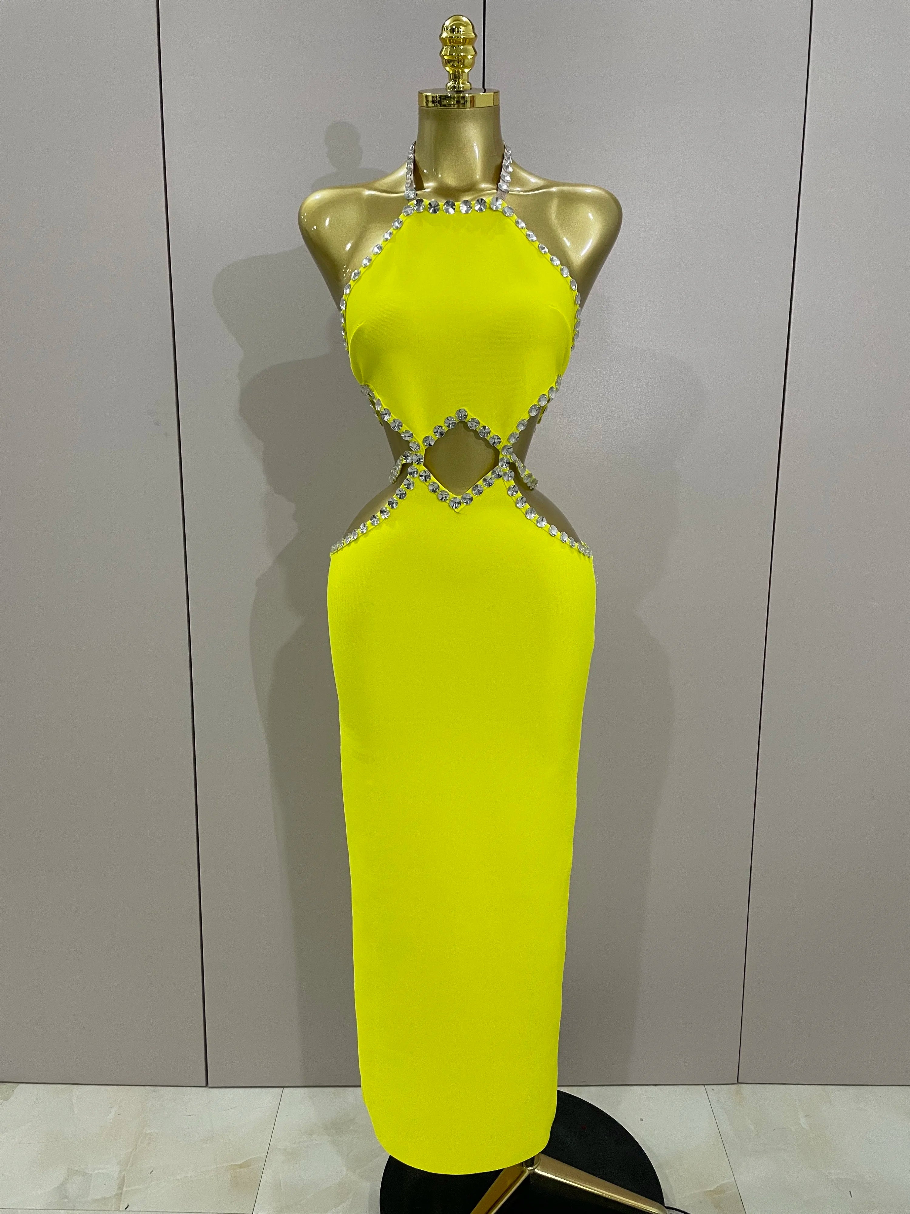 Luxury Sexy Backless Halter Beading Maxi Long Lemon Yellow Bandage Dress 2025 Women Elegant Evening Club Birthday Party Dress Lemon yellow