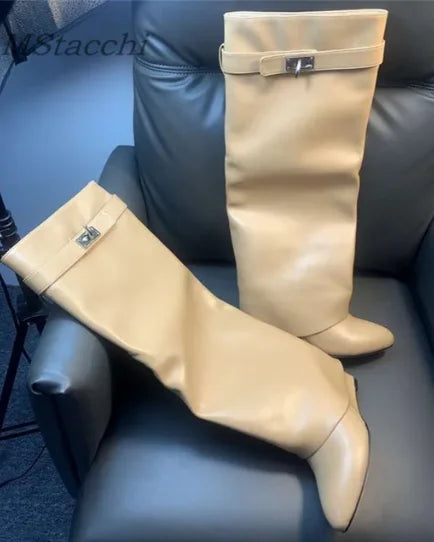 Shark Lock Women Boots Brand Design Genuine Leather Slip-on Knee High Boots For Woman Motorcycle Botas Mujer Fashion Wedge Shoes apricot leather