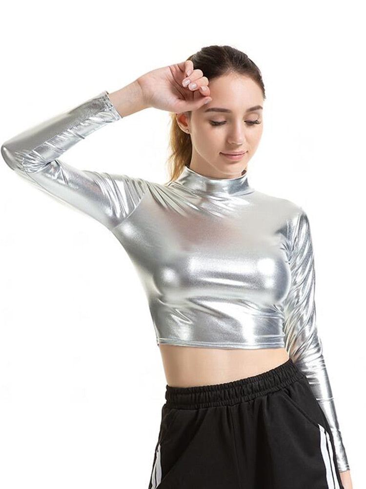 PU ショートトップ女性光沢のあるレザートップハイストリートタートルネックダンスクラブウェア長袖トップスゴールドシルバー衣装 Tシャツ