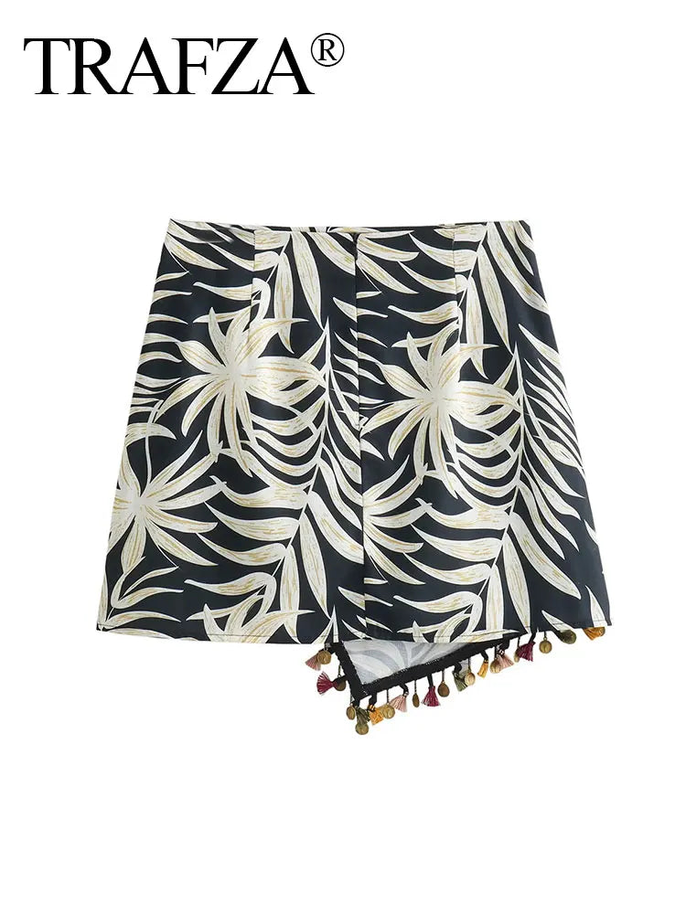 TRAFZA Women's Zipper Short Skirt Street Clothing Unique Tassel Pendant Elegant Women's Summer Retro Print Asymmetric Mini Skirt