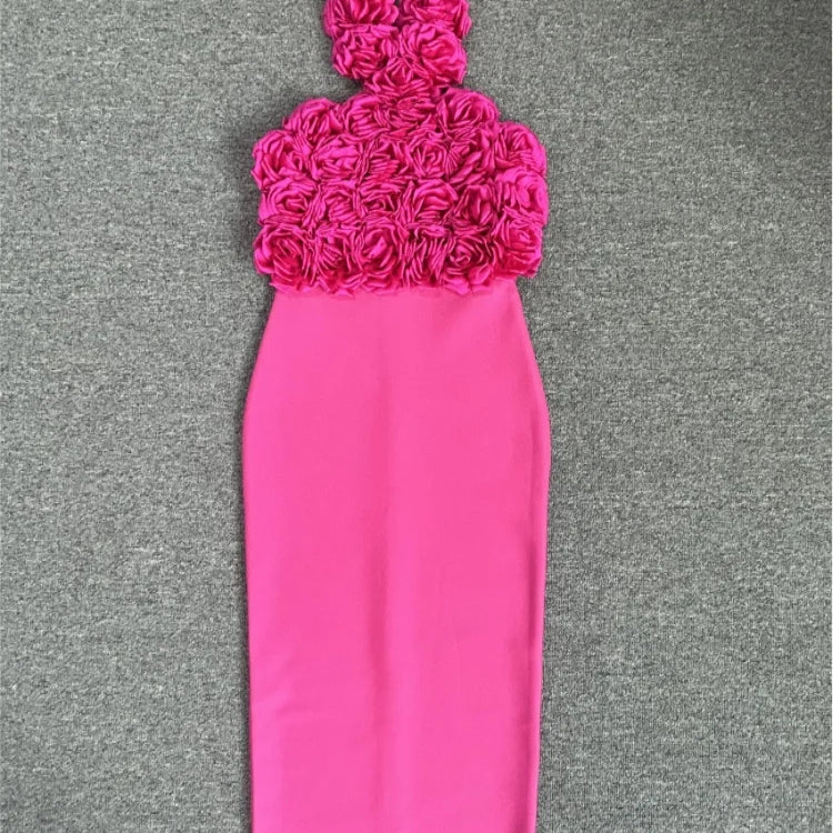 Rosered White Women Sexy Halter Off the Shoulder Backless Bodycon Long Bandage Dress Florals Celebrate Nightclub Party Wear