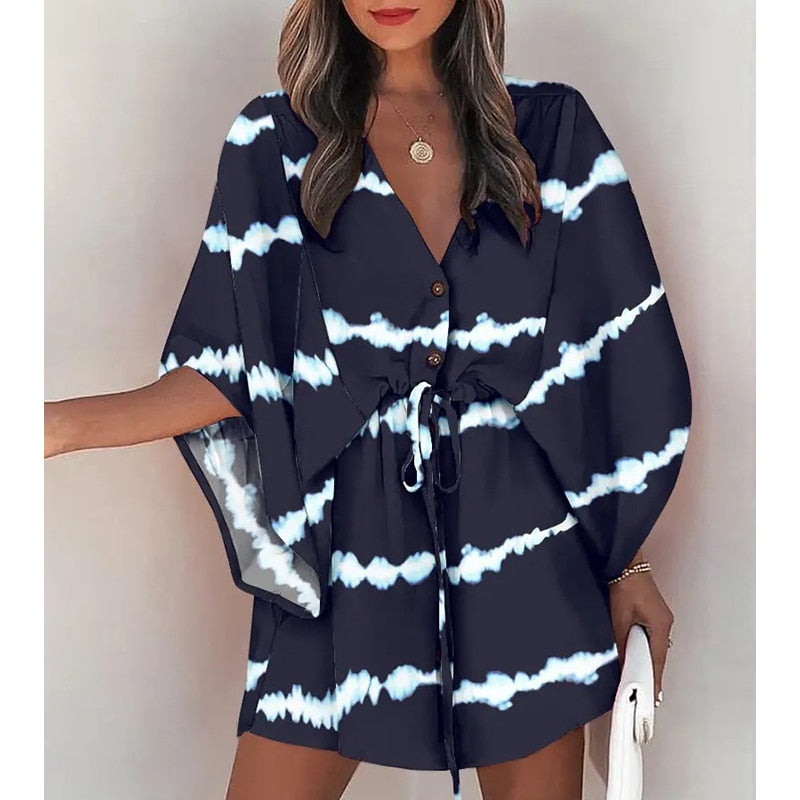 Summer Boho Mini Dress - Flora Print Batwing Sleeve Lace-Up V Neck Loose Button Dresses Ladies Beach Party Dress Vestido style13