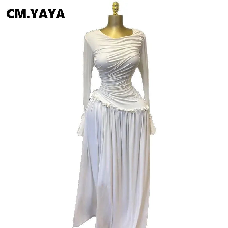 CM.YAYA Women Full Sleeve O-neck Elegant Long Dress Edible Tree Fungus Sweet Holiday Beach Evening Sexy Party Dresses Vestidos