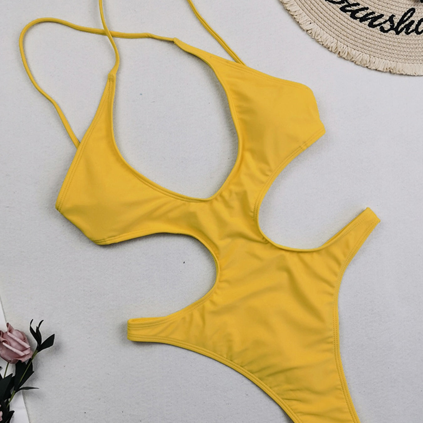 Sexy Solid Hollow Out One Piece Swimsuit Yellow