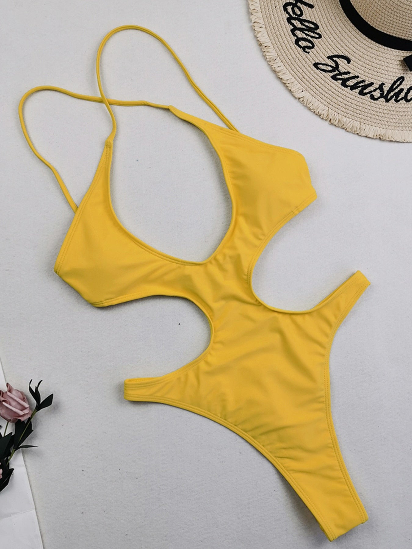 Sexy Solid Hollow Out One Piece Swimsuit Yellow