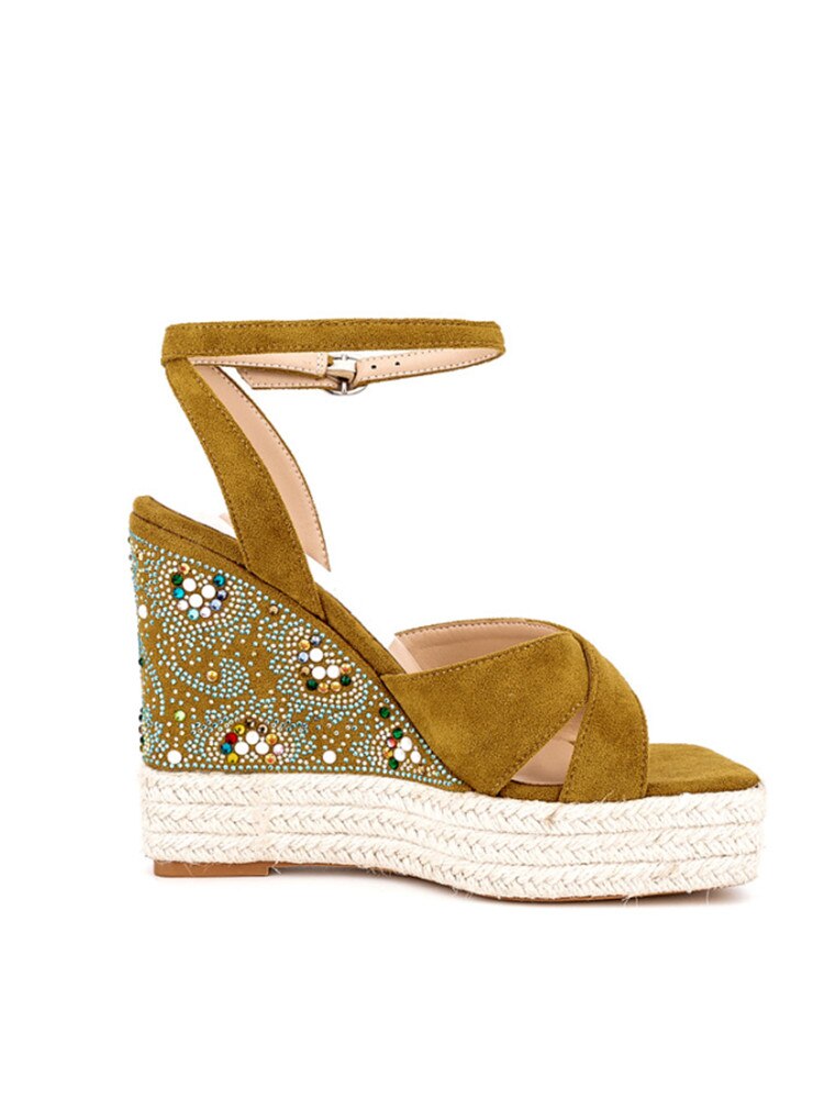 Summer New Suede Thick Bottom Wedge Sandals Round Head Diamond Inlaid Super High Heel Buckle Platform Fashion Sandals N111 brown