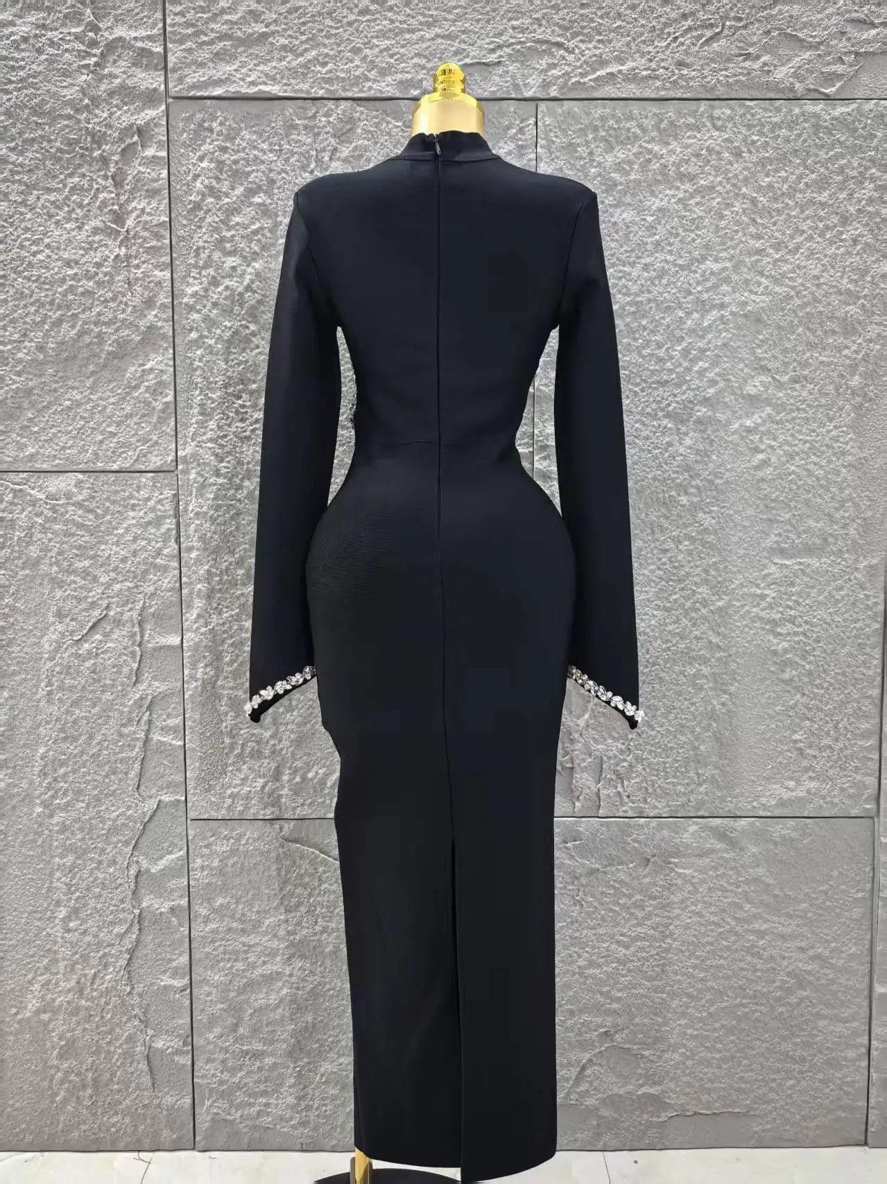 Black Red Women Long Sleeve Shinning Crystal Bodycon Long Bandage Dress Elegant Evening Party Cocktail Outfit Vestido