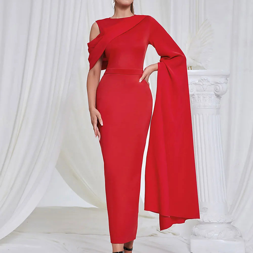 2024 Chic and Elegant Women's Red Dress O-neck Single Shoulder Oversized Trumpet Sleeve Bodycon Long Dress Evening Party Vestido