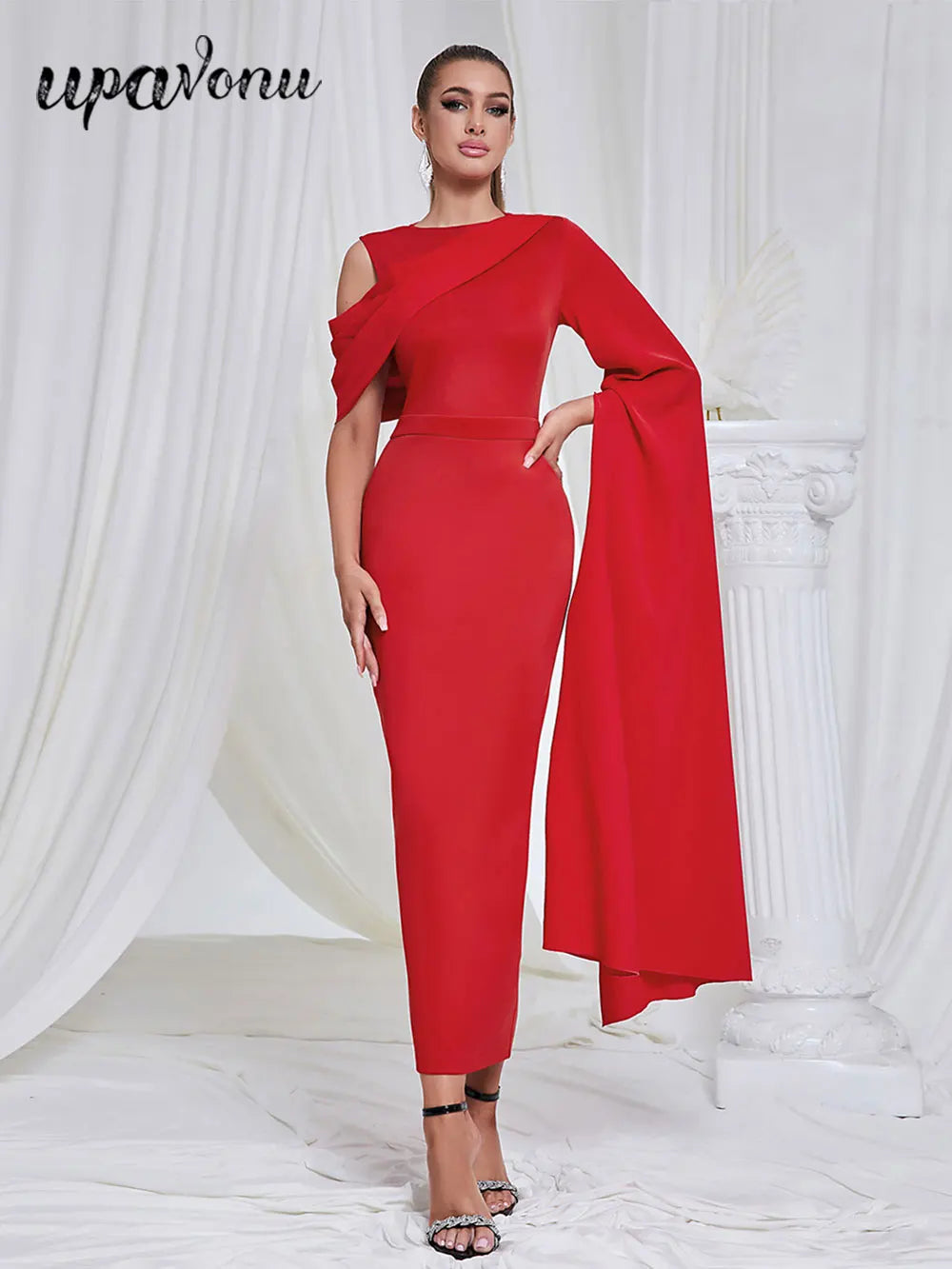 2024 Chic and Elegant Women's Red Dress O-neck Single Shoulder Oversized Trumpet Sleeve Bodycon Long Dress Evening Party Vestido