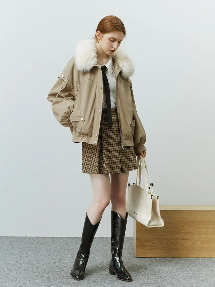 FSLE Fox Fur Collar Short Fur Coat Women's 2022 Winter New Style Overcomes Removable Rabbit Fur Liner Black Khaki Women Coats Khaki