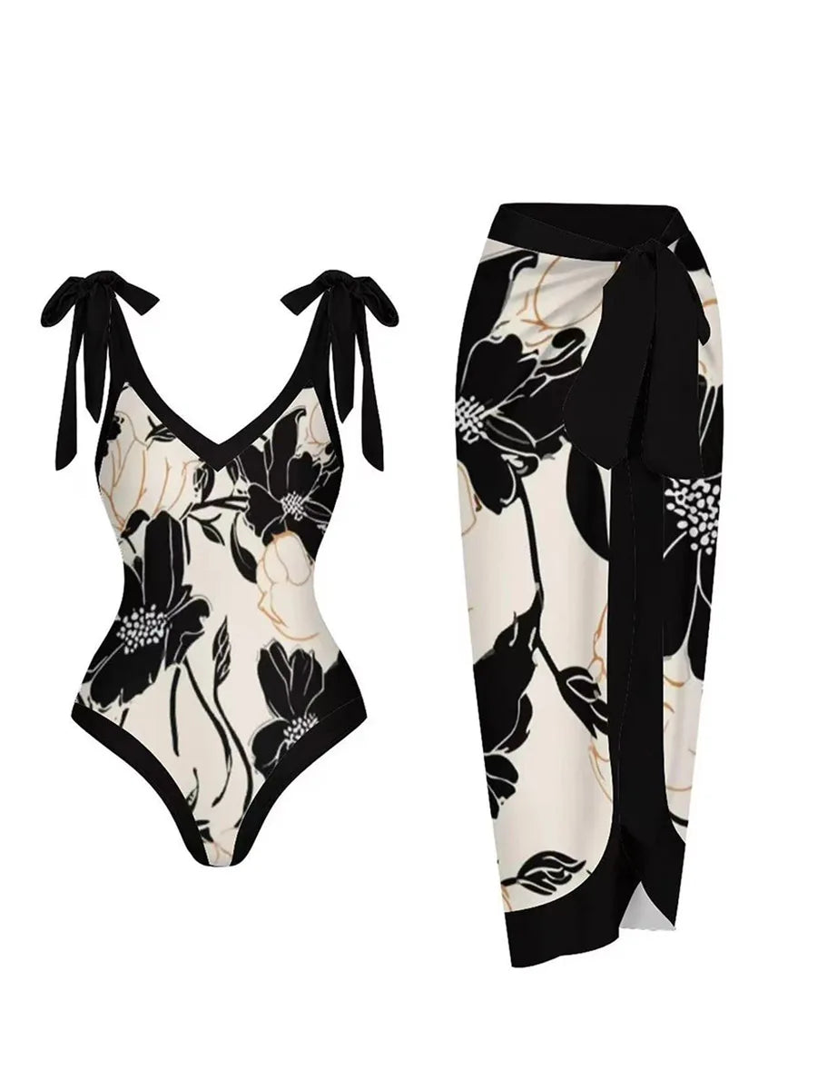 String One Piece Swimsuit & Vent Skirt Padded Sexy Swimwear Women Bathing Suit Female Swimming Summer Beachwear Bodysuit Black1