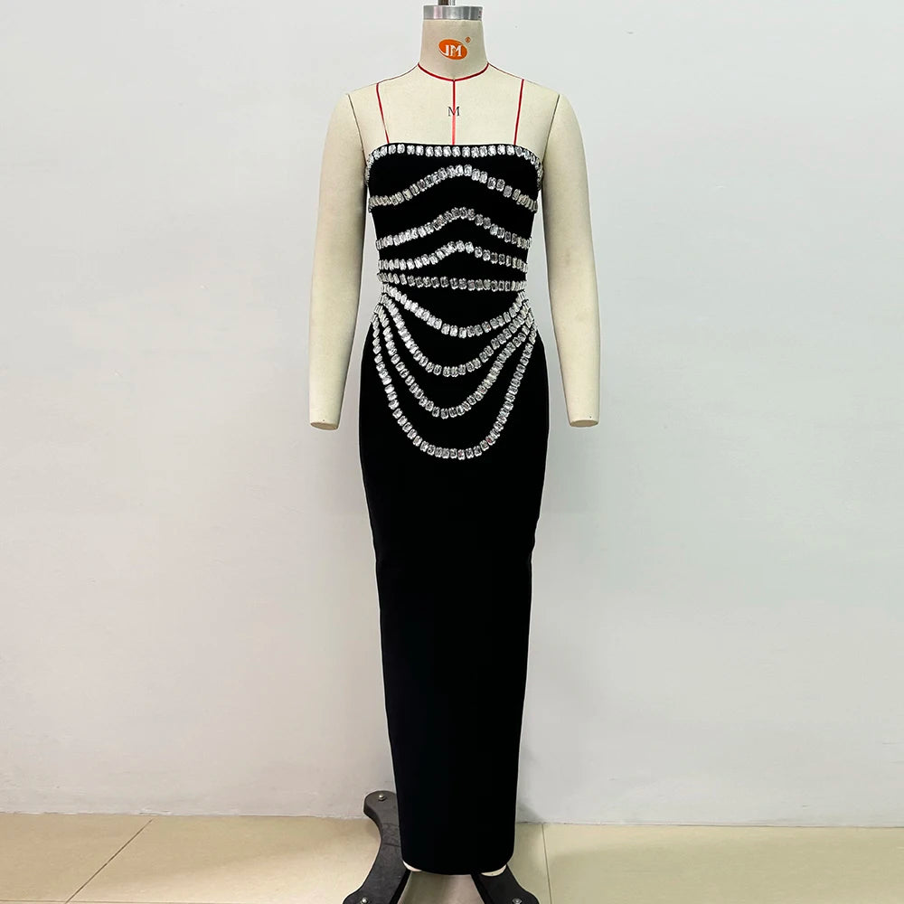 Black Strapless Long Dress Diamonds Embellished Bodycon Bandage Prom Celebrity Party Evening Gowns Dropshipping black
