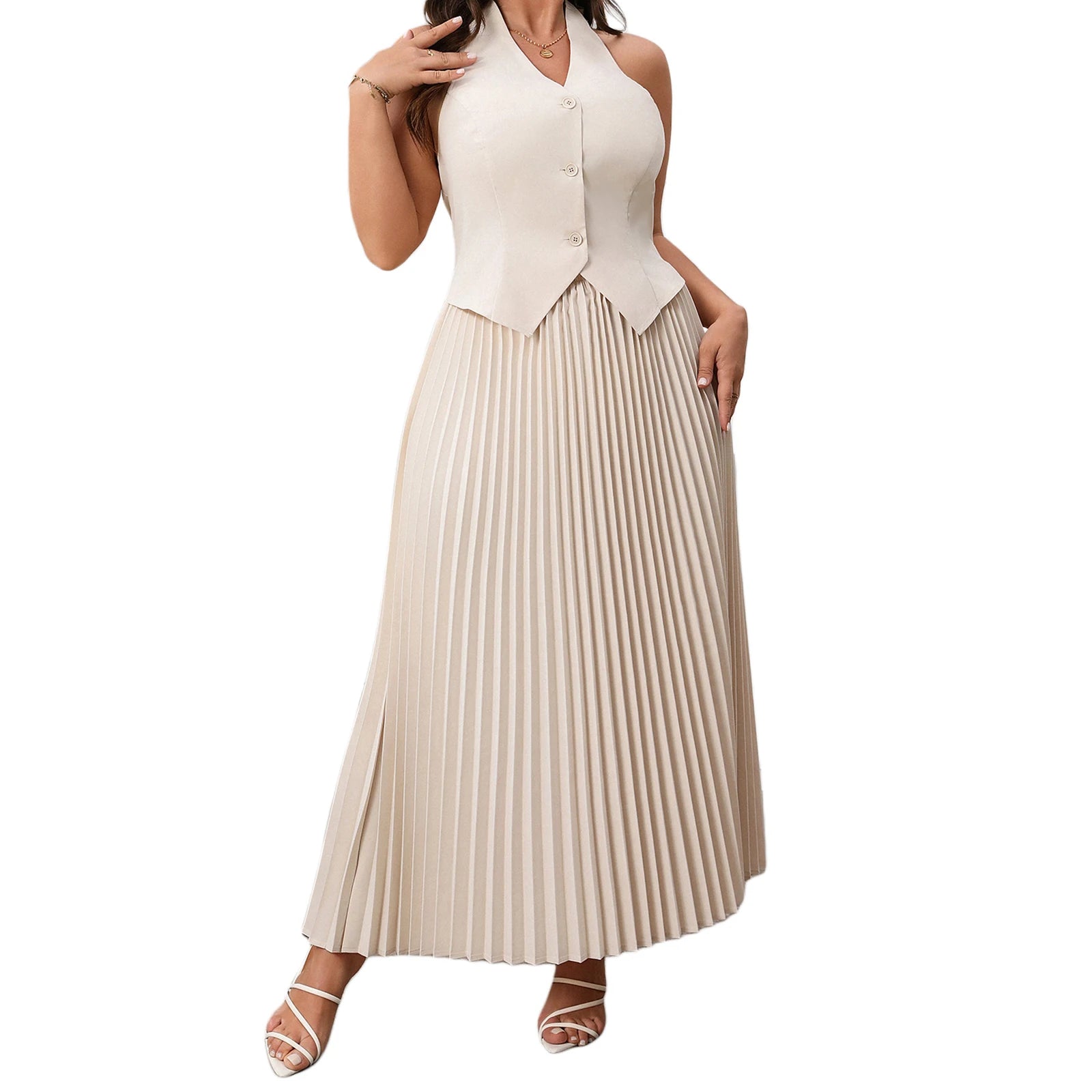 Women's Summer 4XL Plus Size Outfits Fashion Summer Solid Color V-Neck Button Halter Vest and Pleated Skirt Set for Streetwear Khaki