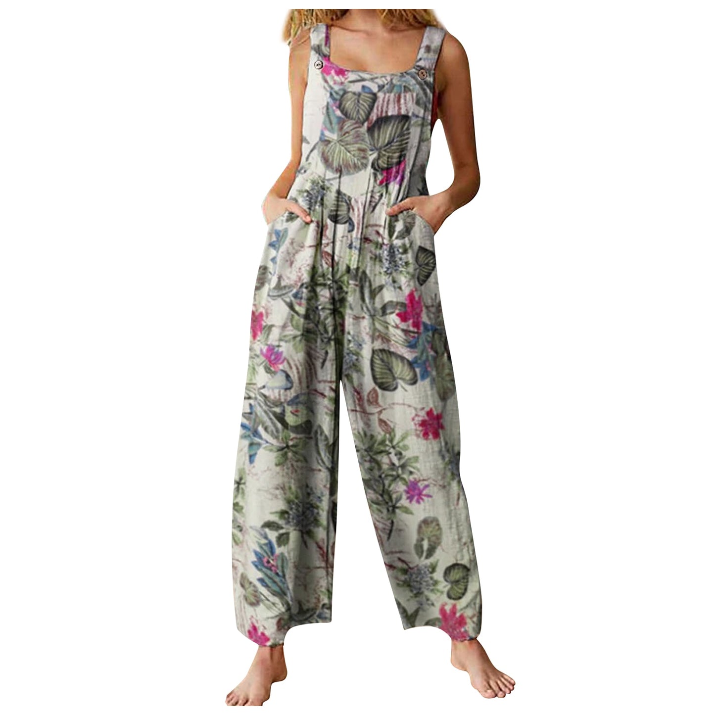 Women Ethnic Style Jumpsuits Summer Overalls Multicolor Square Neck Sleeveless Casual Rompers with Pockets for Girls Playsuit