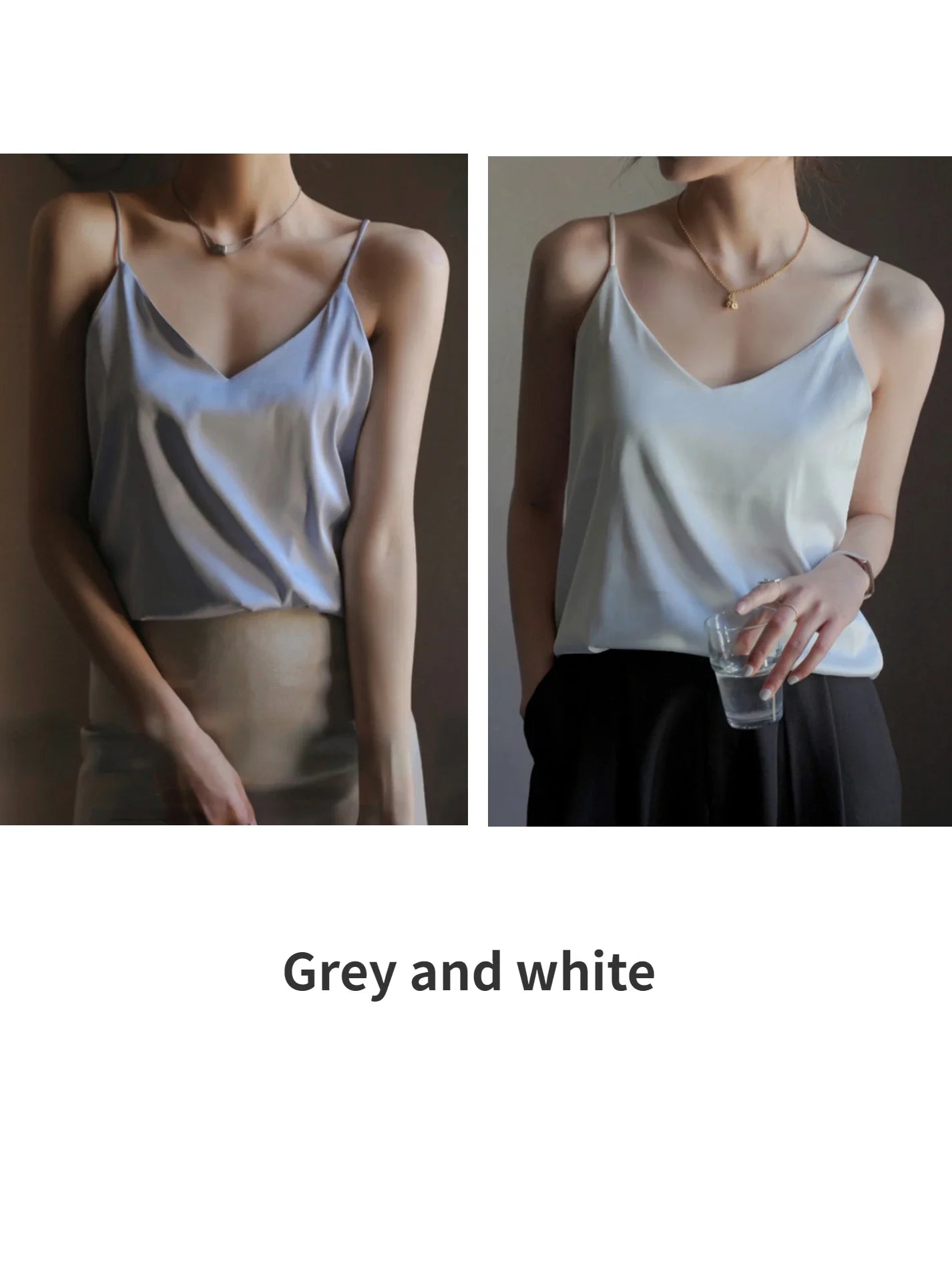 Grey Camisoles for Women Acetate SATIN Loose Summer Spaghetti Strap Tank Top Solid V-neck Fashion Sexy Backless Tanks & Camis Grey and white