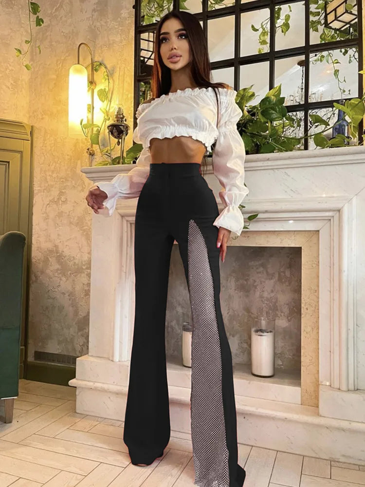 Women Summer Fashion Sexy Black Red White Crystal Dianonds Flare Bandage Pants 2022 Designer Knitted Bodycon Trouser Pants black