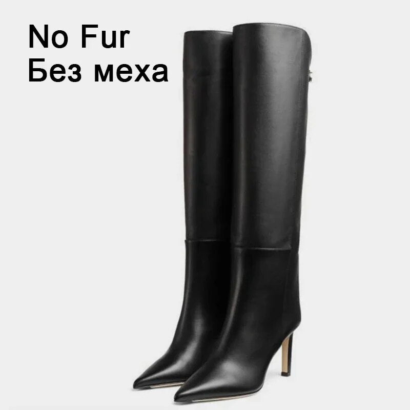 Size 34-43 Women Knee High Boots Luxury Brand Sexy Super High Heels Shoes For Women Winter 2024 Leather Long Boots black no fur