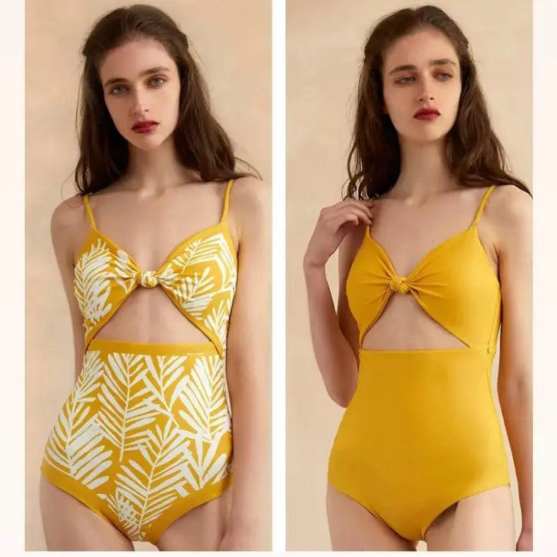 New Vintage Printed Double-sided Wear Swimming Bathing Suit Women Bandage Sexy One Piece Swimsuit Beachwear Swimwear Woman 3-Yellow