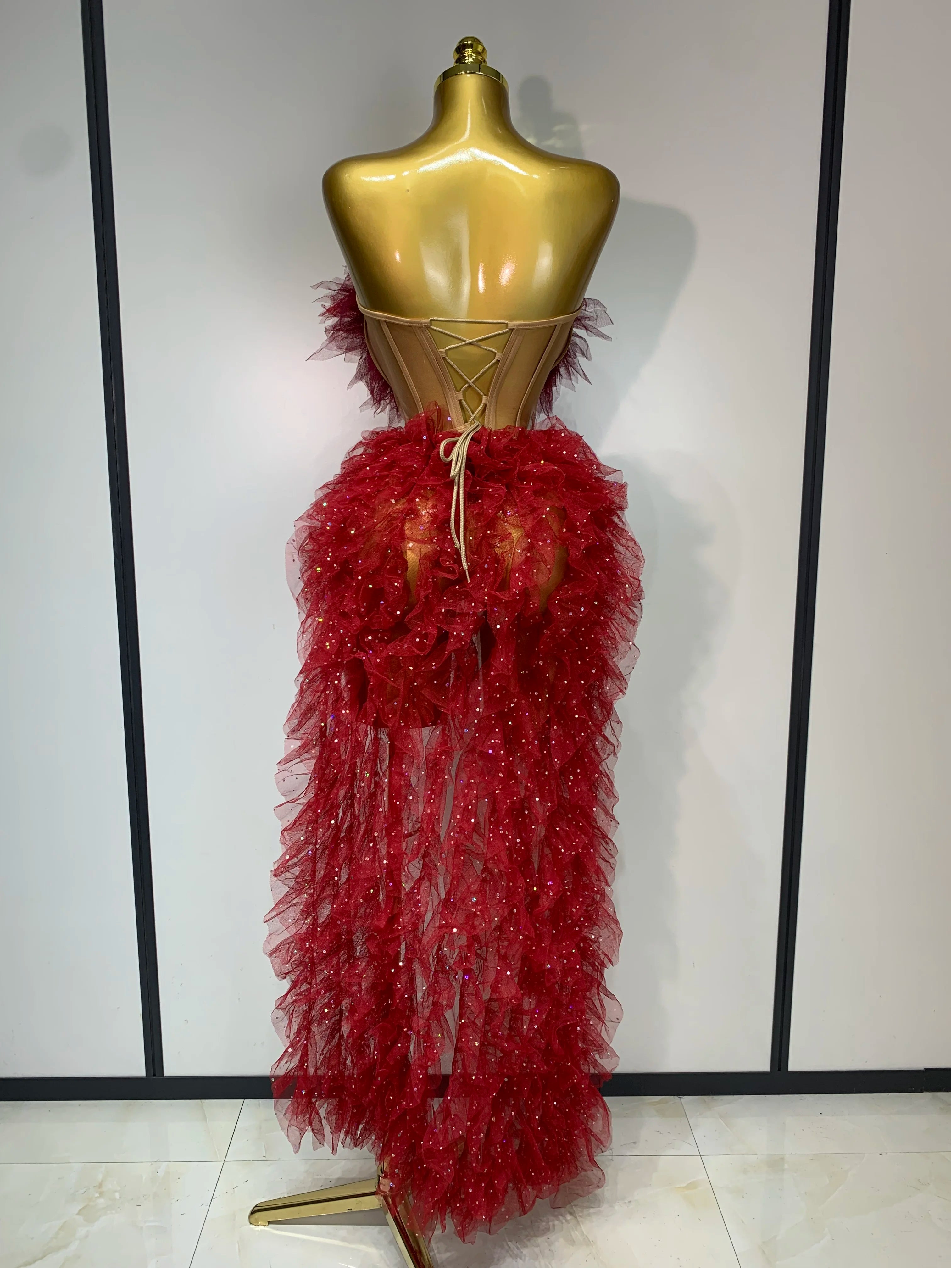 Women Sexy Strapless Mesh two Pieces Set Bodycon Long Dress High Split Nightclub Party Luxury Birthday Singer Stage Outfit