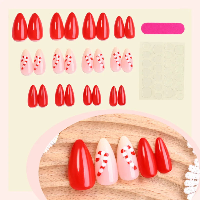 Glossy Red French Fake Nails 24Pcs Almond Press On Nails Xmas Hat Designs Full Cover Acrylic False Nails Patches DIY Manicure