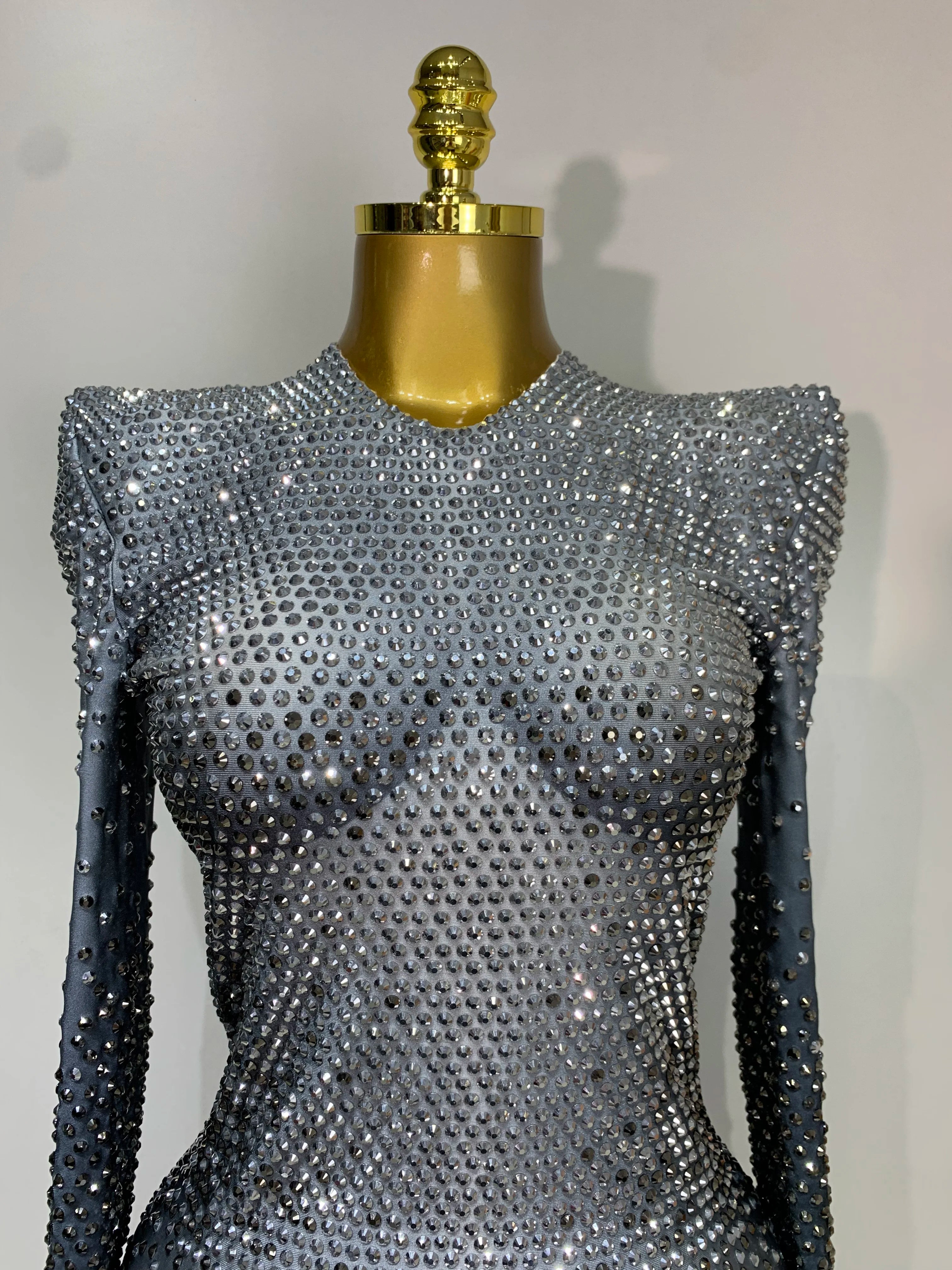 Sparkle Silver Rhinestones Stretch Bodysuits 2025 Women Luxury Birthday Evening Party Sexy Nightclub Singer Stage Costume