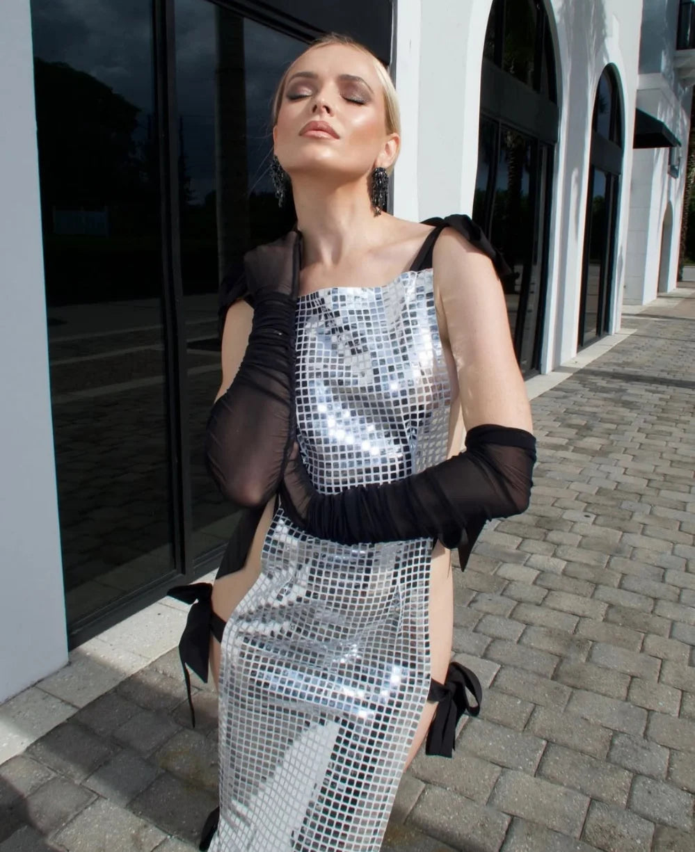 Celebrity Red Carpet Dress Women Sleeveless Sexy Shinning Sequined Bodycon Long Dress Side Bow Celebrate Evening Party Wear