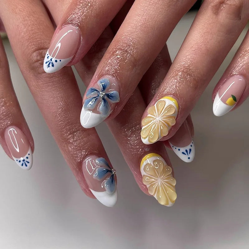 24pcs/set Medium fake nails for women girls 3D embossed flowers fruit shell rhinestones design Almond tips press on false nail 2704
