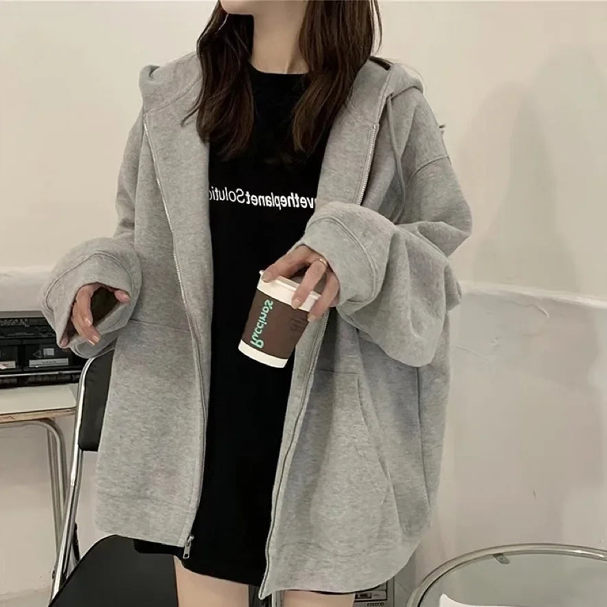 2023 Spring Autumn New Style Black Hooded Sweatshirt Women's Loose Fit Casual Fleece Lined Chic Niche Top Korean Version Jacket Gray fleece-lined