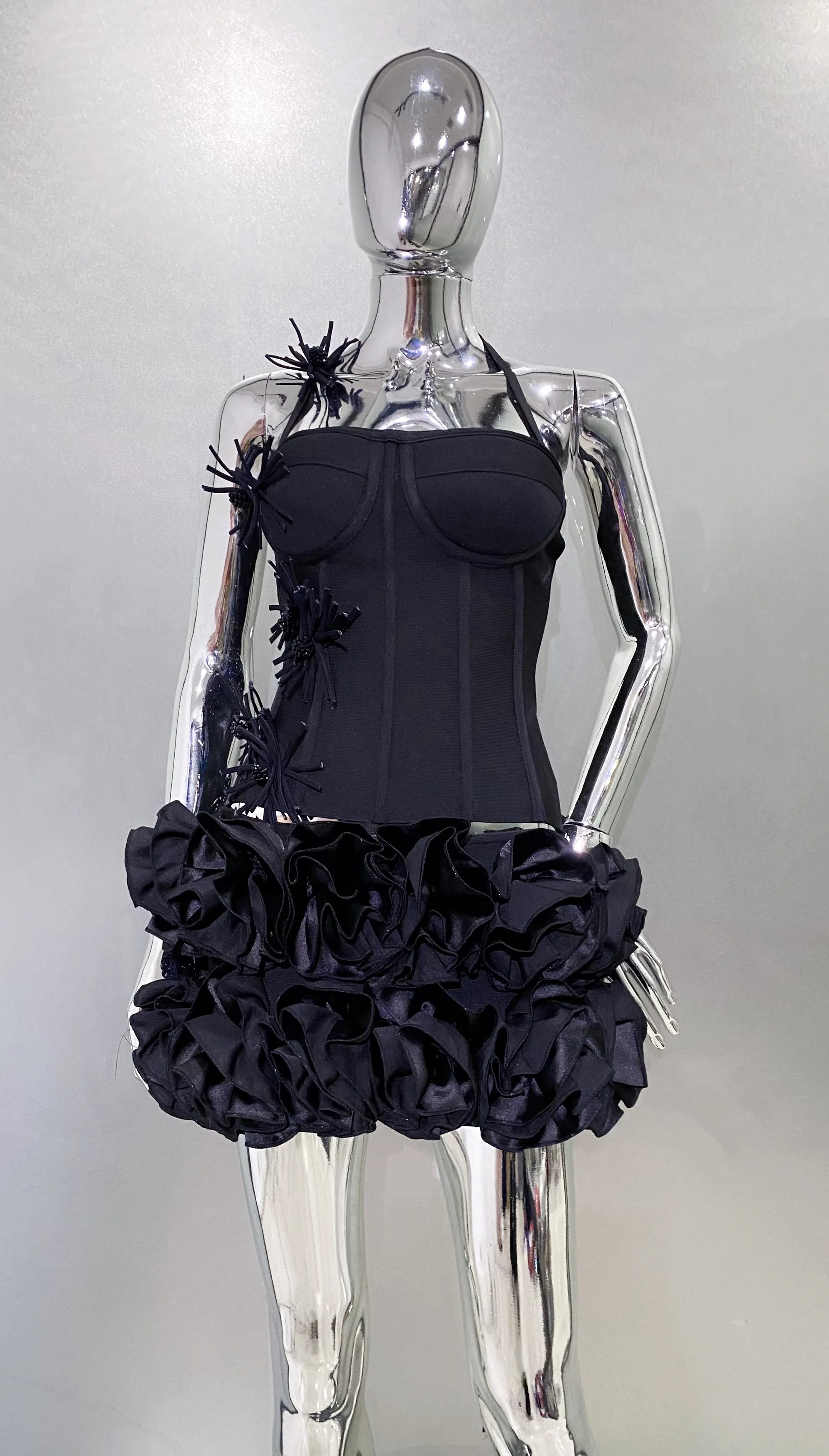 Black Red Women Sexy Strapless Laced-up Tops 2 Pieces Florals Bodycon Mini Bandage Dress Celebrate Nightclub Party Stage Wear