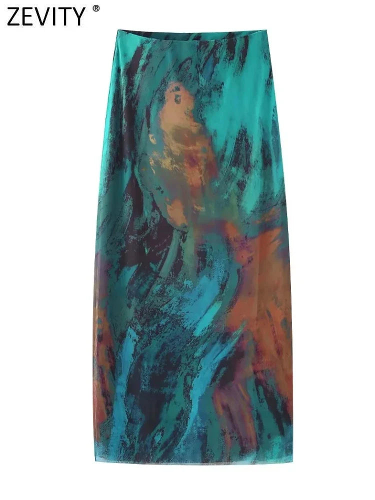 ZEVITY New Women Fashion Tie Dye Print Mesh Slim A Line Skirt Vintage High Waist Color Matching Female Midi Skirts Mujer QUN5433