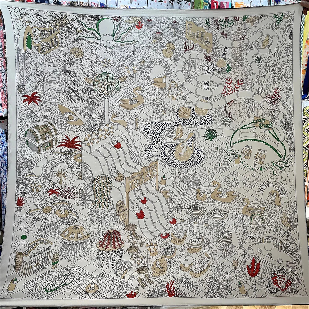 POBING Silk Cashmere Scarf Women Hand Rolled Shawls Aquarium Print Square Scarves Wraps Bandana Big Hijabs Female Foulard 135CM Beige 135CM x 135CM