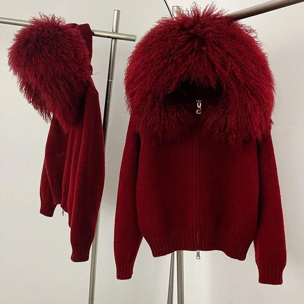 Coat Women Cardigan Natural Fox Fur Coat Women Real Mongolian Fur Knitwear Female Spring Autumn Hooded Knitted Fur Jacket Red sheep One Size