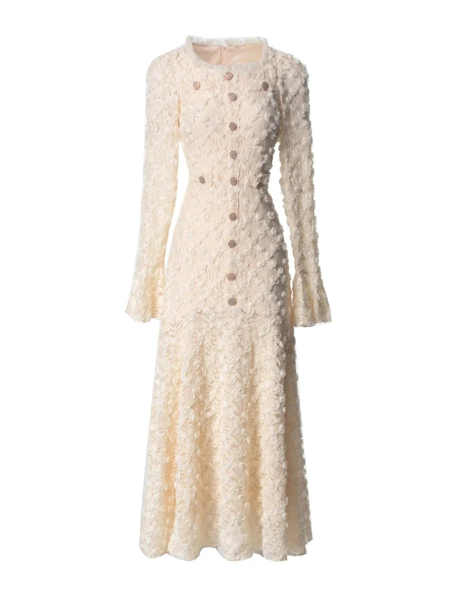 Solid Slimming Spliced Appliques Dresses for Women Round Neck Long Sleeves Patchwork Single Breasted Dress Female APRICOT