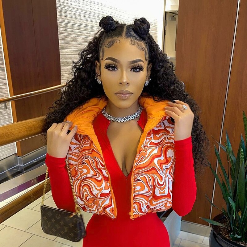 Sleeveless Clashing Graphic Slim Fitting Standing Collar Women'S Short Fitting Cotton Jacket Multicolour