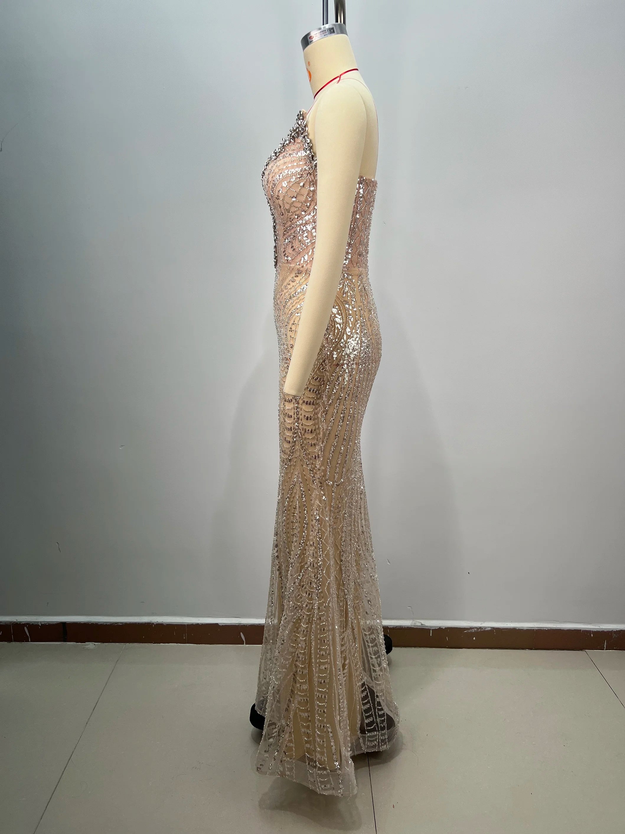 Luxury Diamond Champagne Sequins Sexy Straplerss Ankle Length Dress Woman Birthday Party Dress Celebrity Cocktail Party Vestido