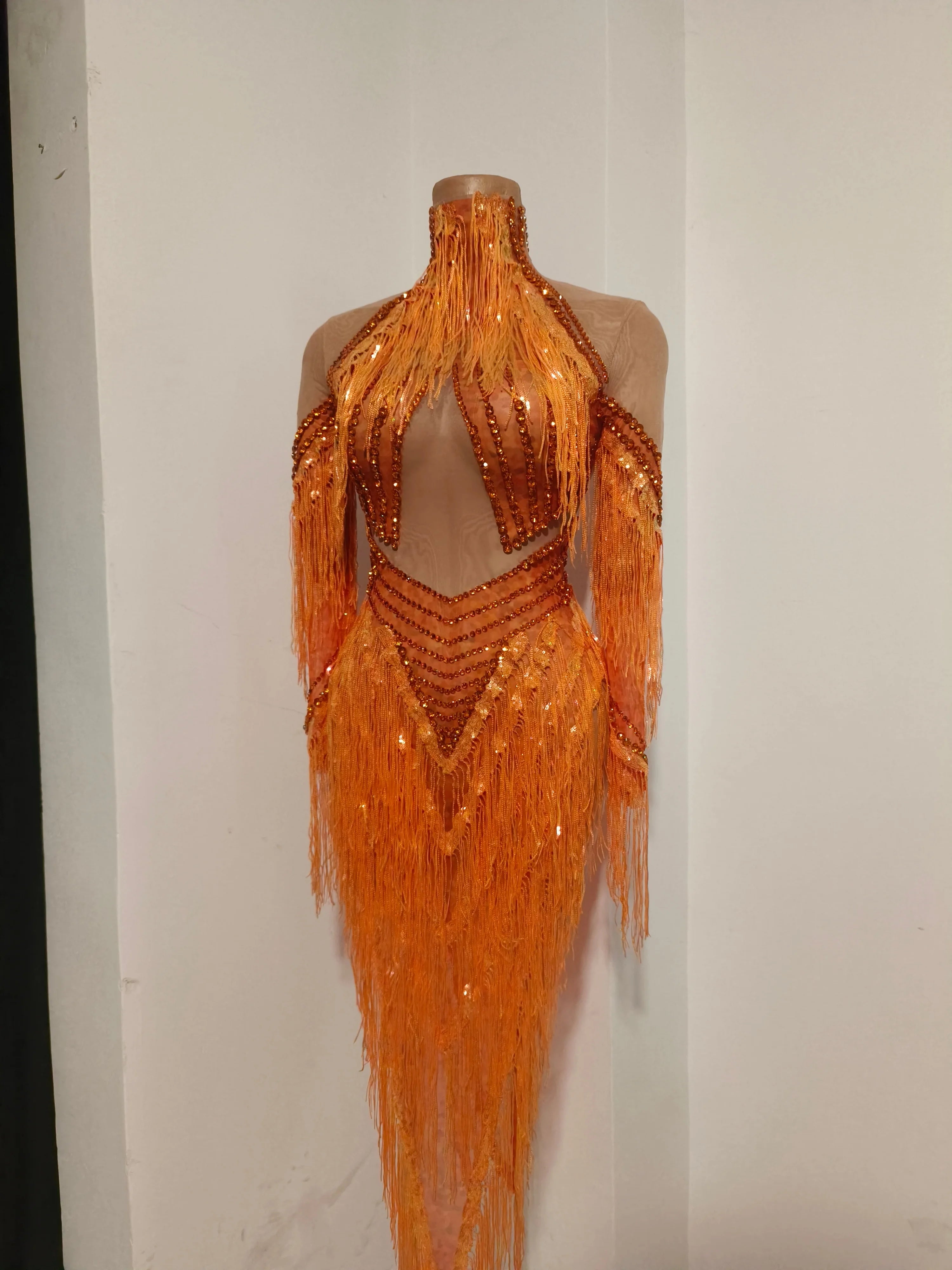 Sparkly Orange High Neck Dress Women Sheer Mesh Rhinestone Fringe Embellished Latin Dance Performance Costume