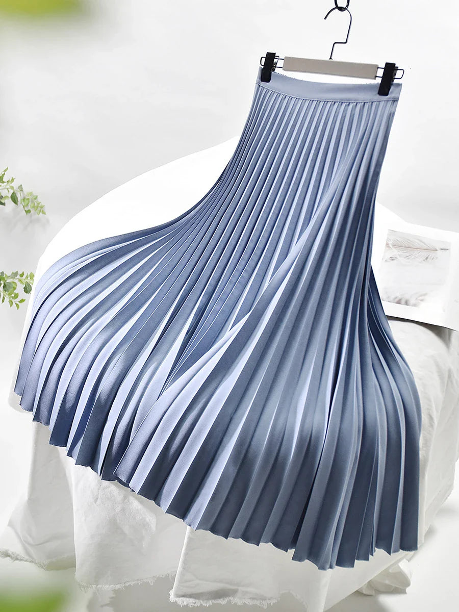Brand Designer Women Spring Autumn Elegant Chic Solid Pleated Skirt High Waist Luxury Fashion With Elastic Female C-035 Light Blue