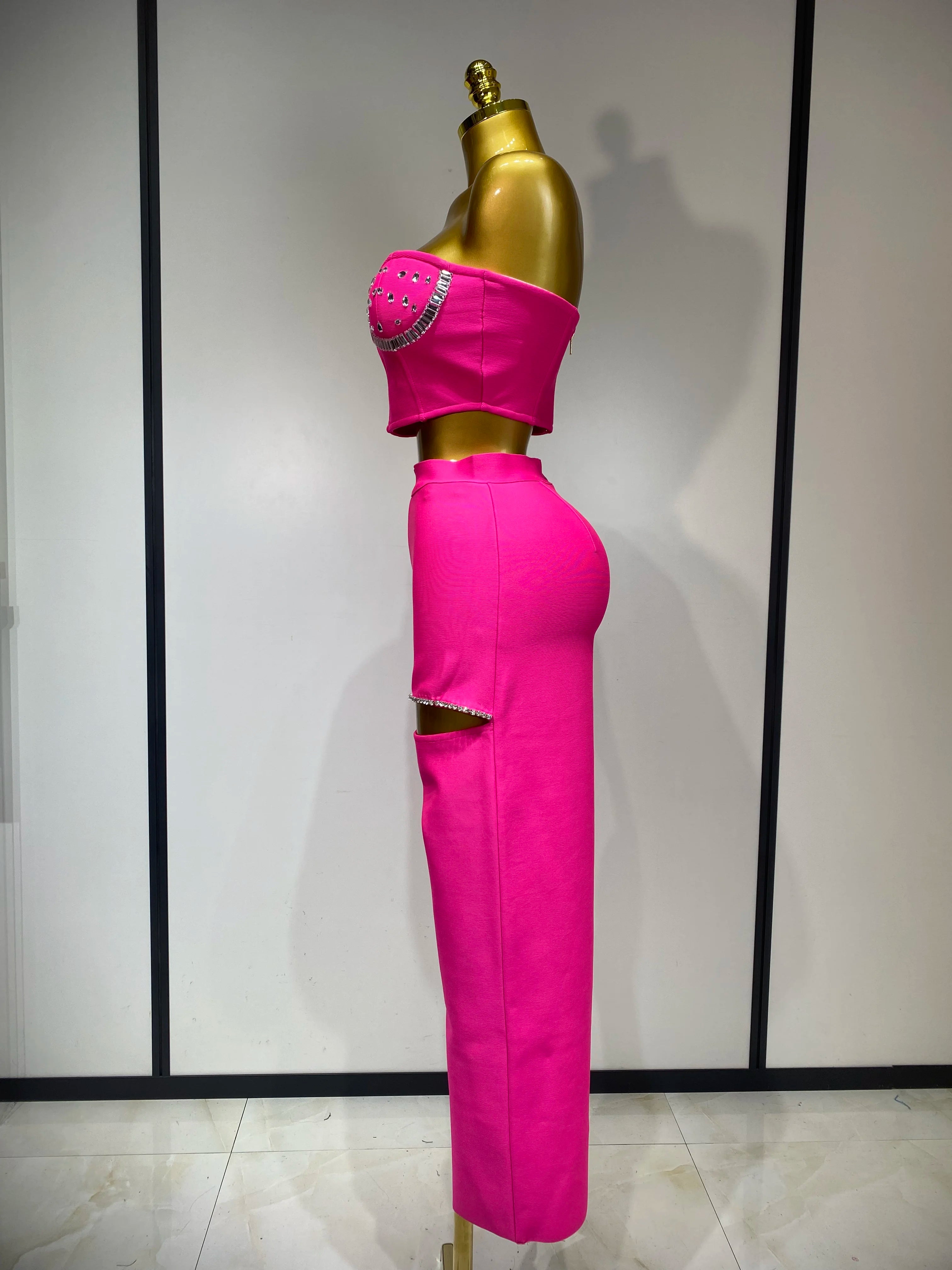 Women Sexy Strapless Top Cut Out Bodycon Two Pieces Bandage Pants Celebrity Designer Fashion Women Luxury Diamond Birthday Set