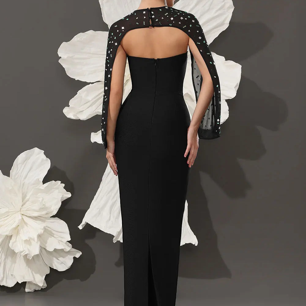 2025 Sexy Women's Light Luxury Nail Bead Shawl+Strapless Sleeveless Bandage Dress Set Fashion Bodycon Long Dress Party Vestidos