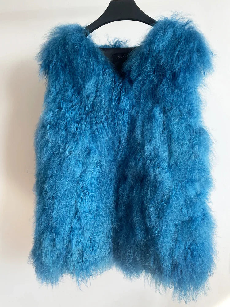 11 Colors Luxury Thick Warm Mongolia Sheep Fur Vest Women New Winter Hot V-neck Sexy Wool Fur Coat Kblue