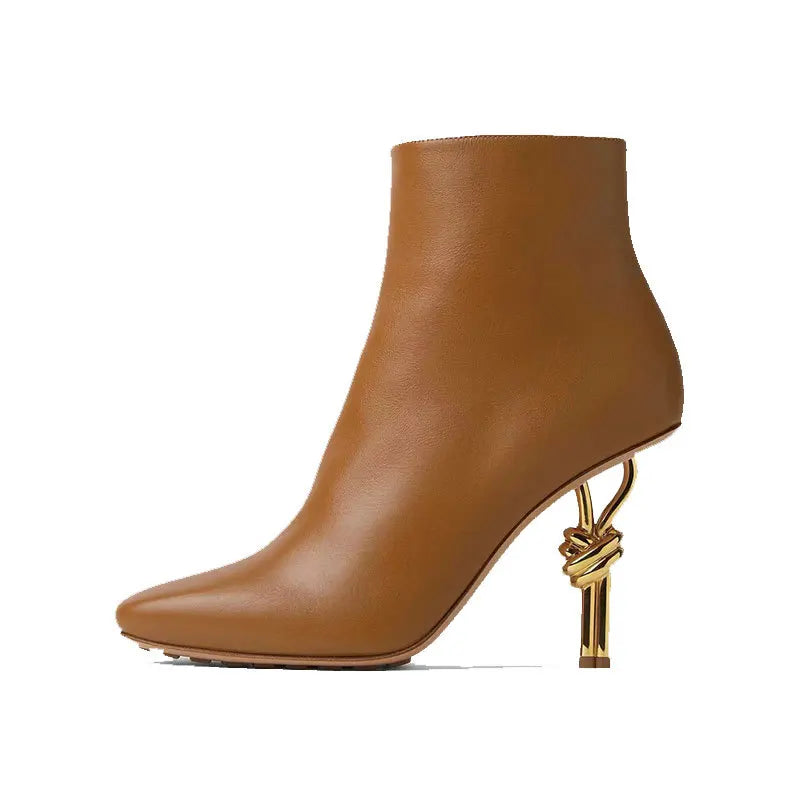 Women Metal Knot Shaped Heel Boots High Heel Ankle Nude Boots Elegant Office Side Zip Square Toe Heels Boots as photo 3