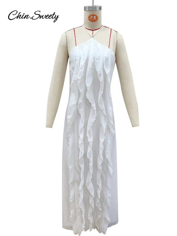 Sexy Ruffles Backless Long Dress Women Y2K Off Shoulder Lace Up Sleeveless White Dresses 2025 Summer Beach Party Loose Robes