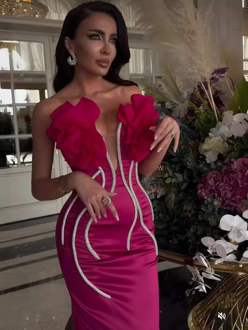 STOCK 2024 Summer Rose Red Stereoscopic Flowers Sparkling Diamonds Chain Ankle Lenght Bandage Dress Elegant Woman Evening Dress