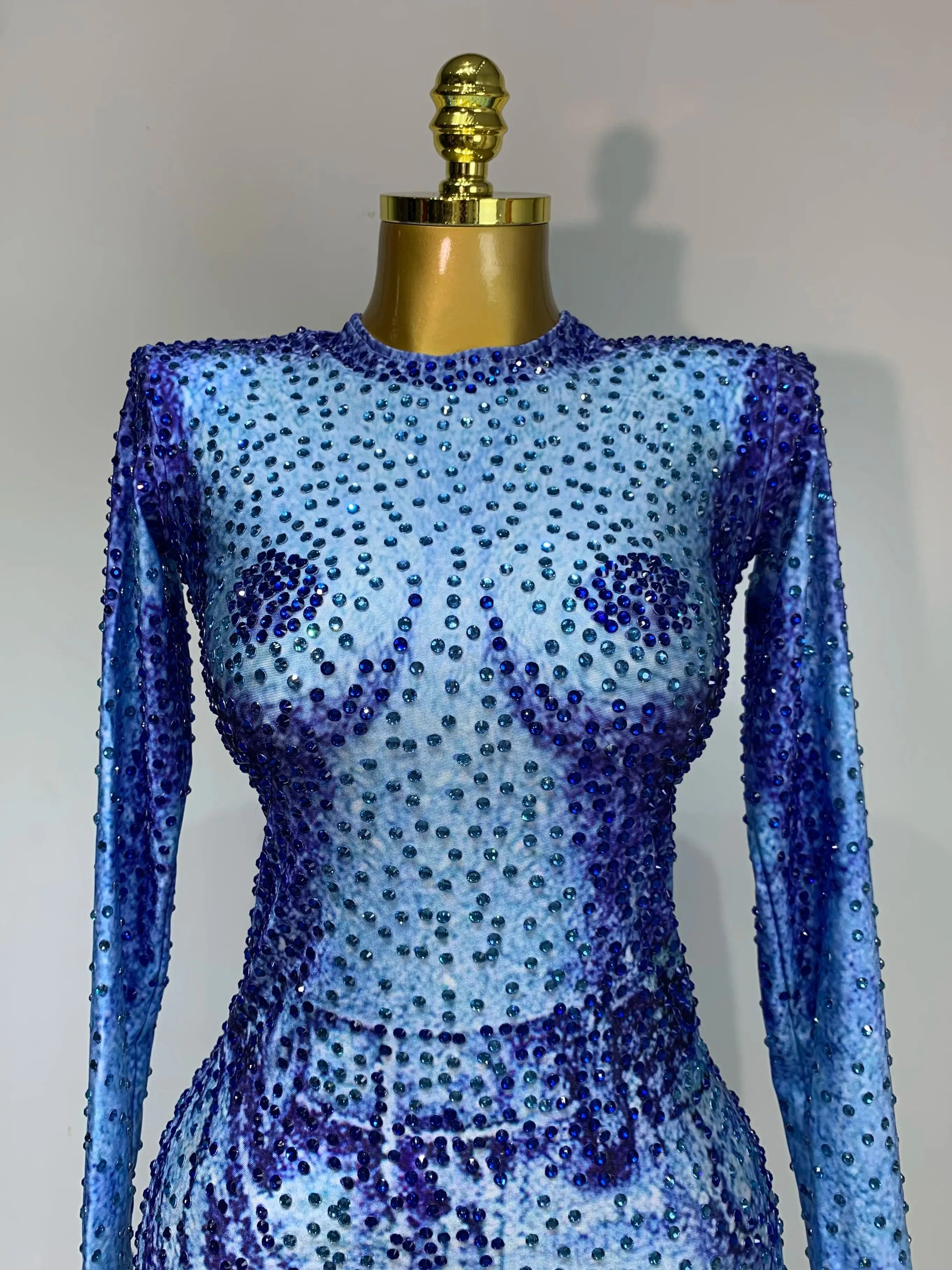 Ladies Sexy Sparkly Rhinestones Blue Long Sleeve Short Dress Women Evening Luxury Birthday Party Nightclub Singer Stage Outfit
