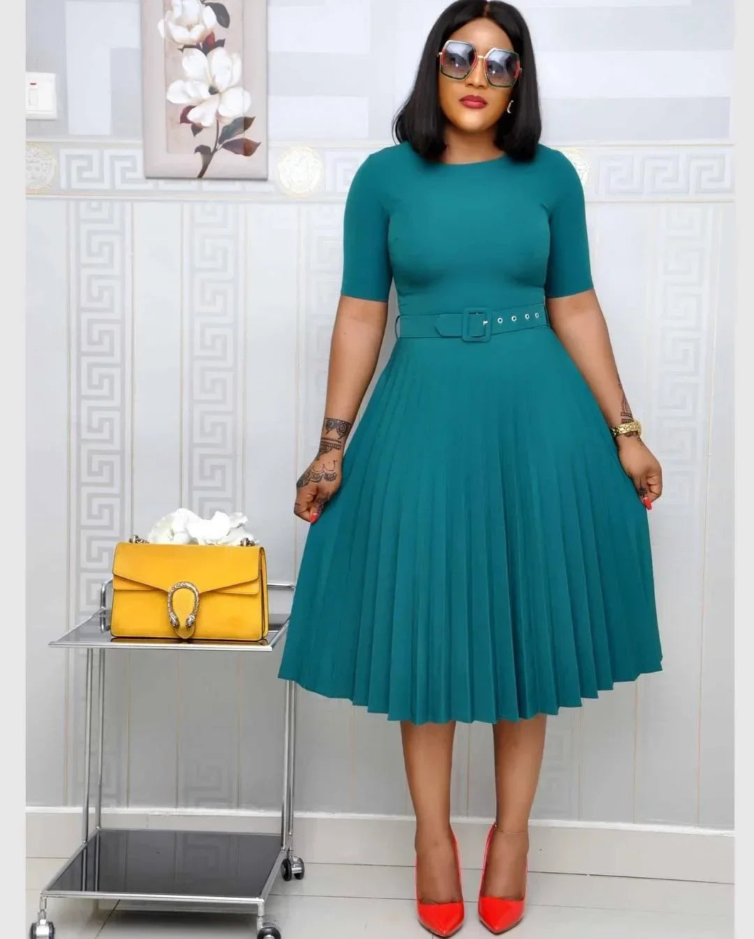 Summer Midi Pleated Dress Short Sleeve Office Lady Africa Sashes Women High Waist Elegant Dresses Vestidos green