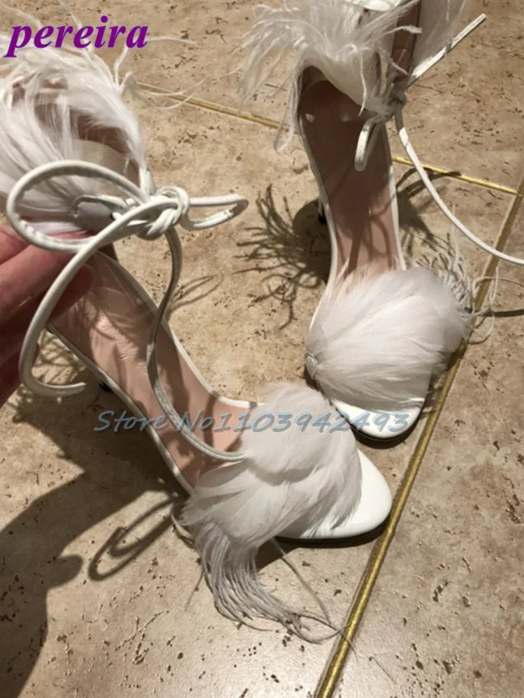 Summer White Sandals Lace Up Shallow Open Toe Banquet Strappy Solid Color Hollow Stiletto High Heel Cover Heel New Arrival Shoes