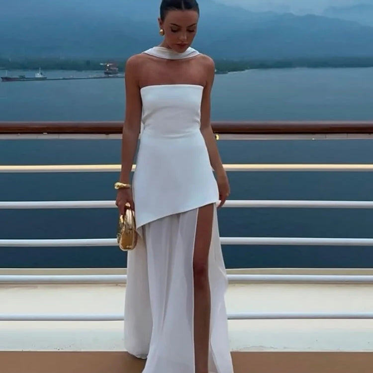 Elegant Off Shoulder Irregular Hem With Scarf Women Fashion Sleeveless Backless Slim Fit Long Dress 2025 New Summer Party Robes