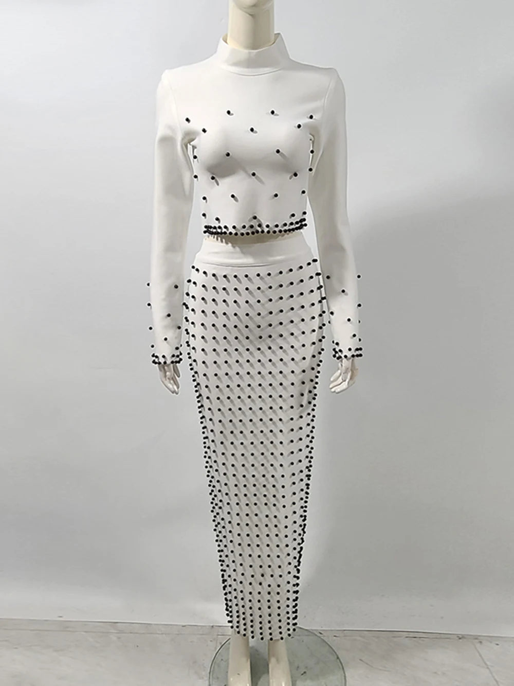 Women'S Black And White Beaded Short Top+Long Skirt Bandage Two-Piece Set Elegant Evening Party Female Outfit 2025 New