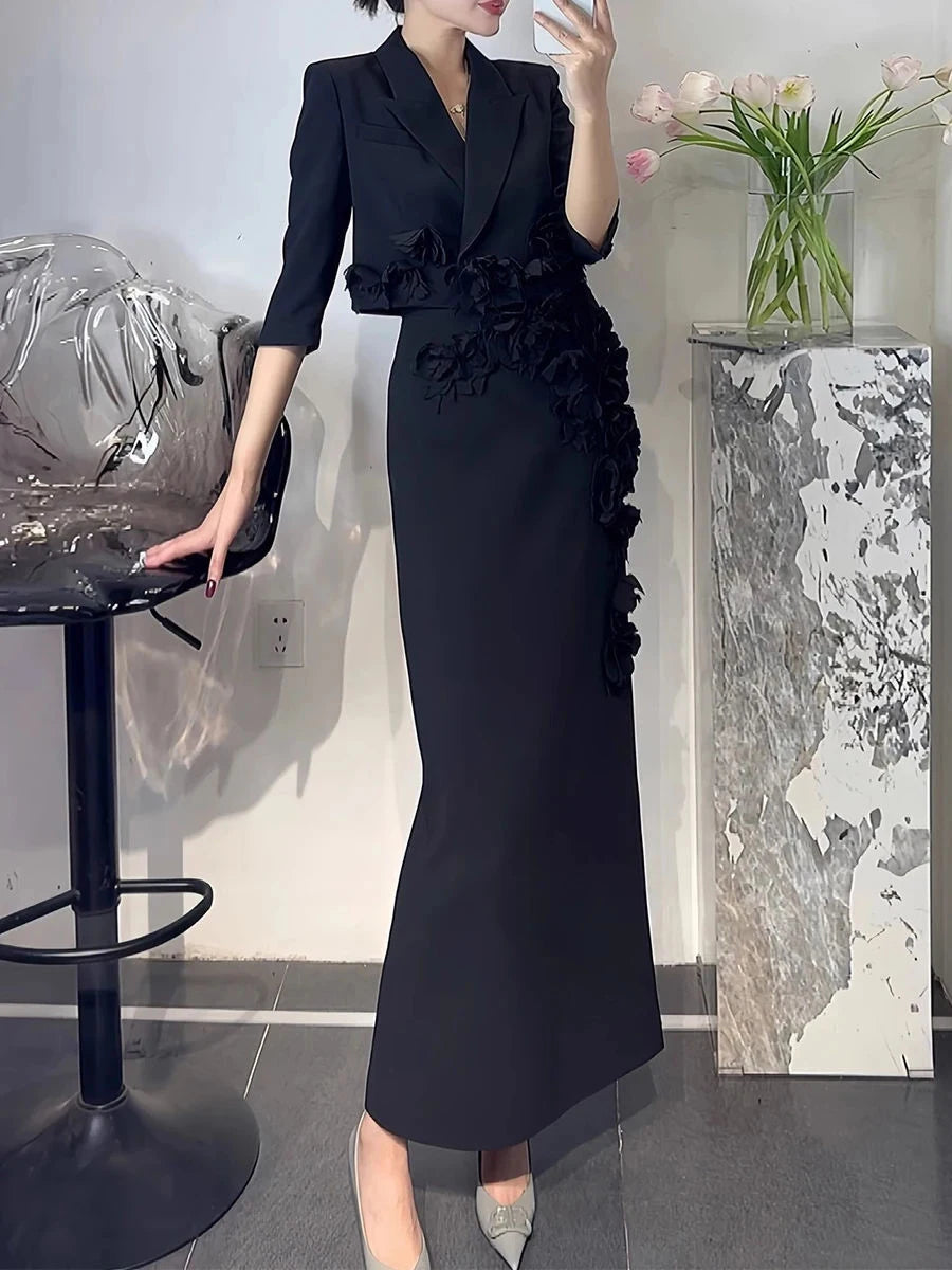 Solid Slimming Spliced 3D Flower Two Piece Sets for Women Lapel Half Sleeves Short Top High Waist Skirt Set Female