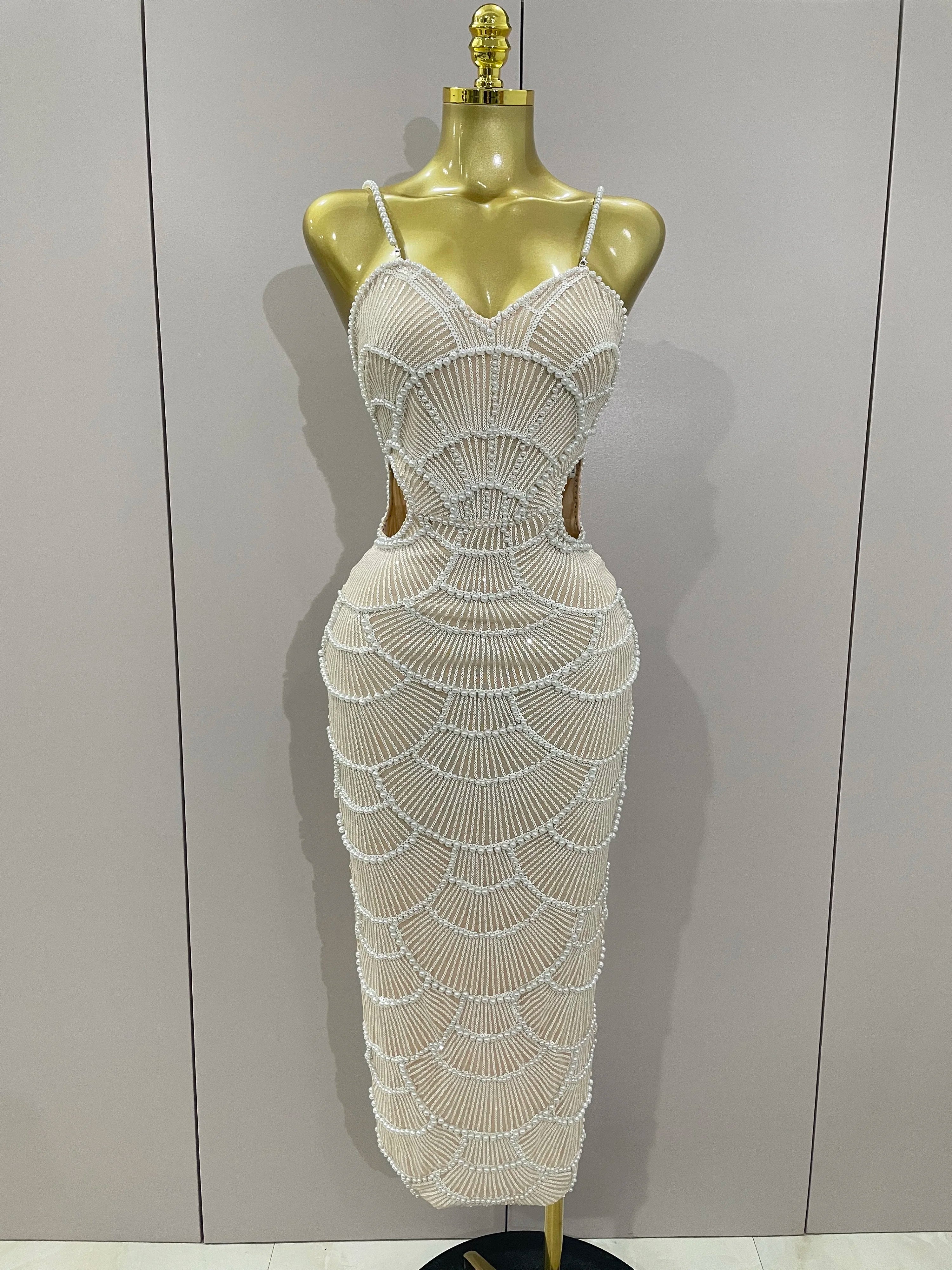 Women Hot Sale Sleeveless Sexy Strap Pearl Beading Sequins Bodycon Long Dress Celebrate Evening Party Birthday Outfit Vestido Beige